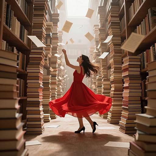 Photograph-like digital art of a woman in a flowing red dress, black heels, dancing amidst floating books in a sunlit library.