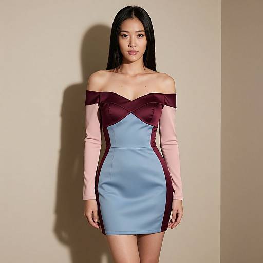 Photograph of an Asian woman with long black hair, wearing an off-shoulder dress with pink, maroon, and blue panels, standing against