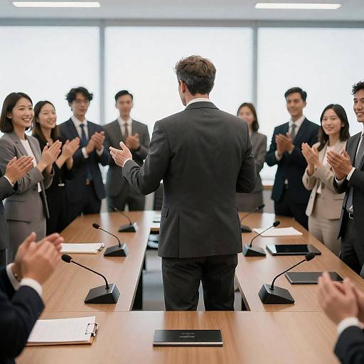 Business Leader Addressing Applauding Team in Conference Room