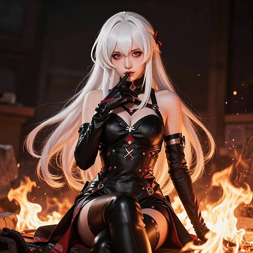 Digital art of a white-haired anime woman with red eyes, black leather outfit, and gloves, seated among flames, touching her lips. Dark, fiery