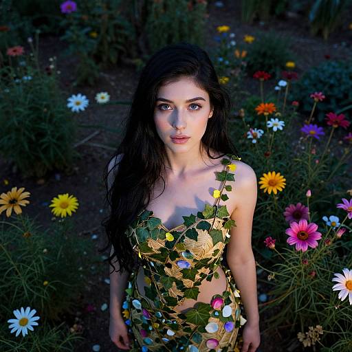 Photograph of a fair-skinned woman with long black hair, wearing a leafy, floral-patterned top, standing in a vibrant garden filled with
