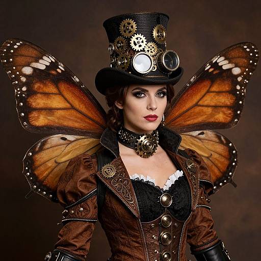 Steampunk butterfly woman: pale skin, red lipstick, black lace corset, brown leather jacket, top hat with gears, orange butterfly wings,