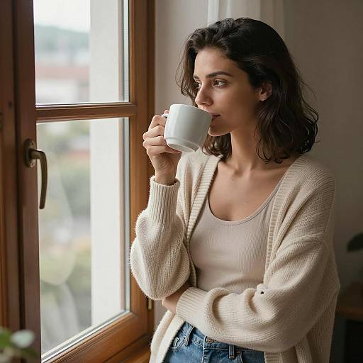 Woman Drinking Coffee by Window