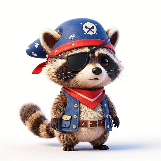 Cute digital illustration of a raccoon in a blue bandana, red scarf, eyepatch, and blue vest with a belt, standing confidently