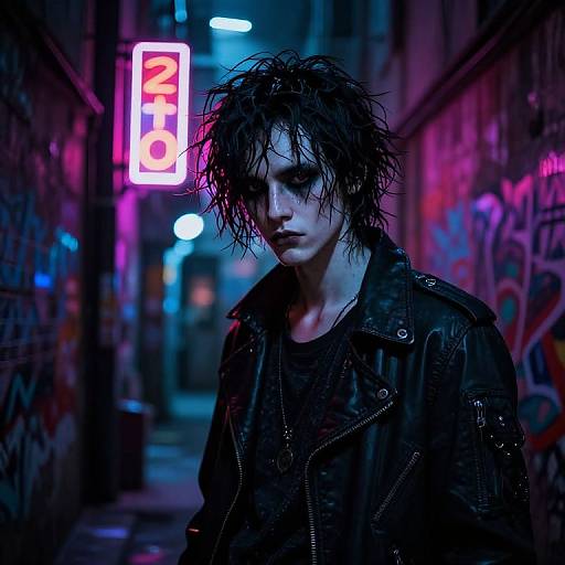 Gloomy, neon-lit alleyway photograph of a wet, disheveled, pale-skinned man with messy black hair wearing a black leather
