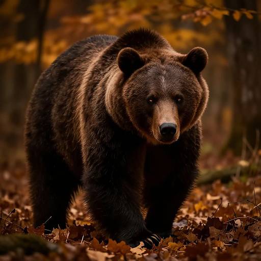 Photograph of a large, dark brown bear with a thick, shaggy coat standing in an autumn forest, surrounded by fallen, orange and brown