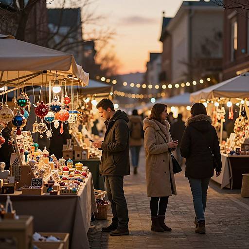 Photograph of a bustling evening Christmas market with string lights, hanging ornaments, three people in winter coats, and blurred background.