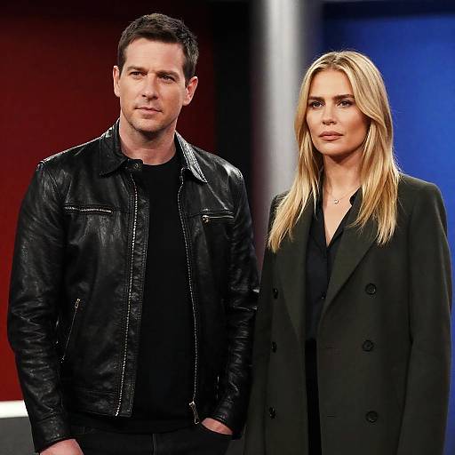 Photograph of a handsome, dark-haired man in a black leather jacket and a beautiful, blonde woman in a black coat, standing side by side on