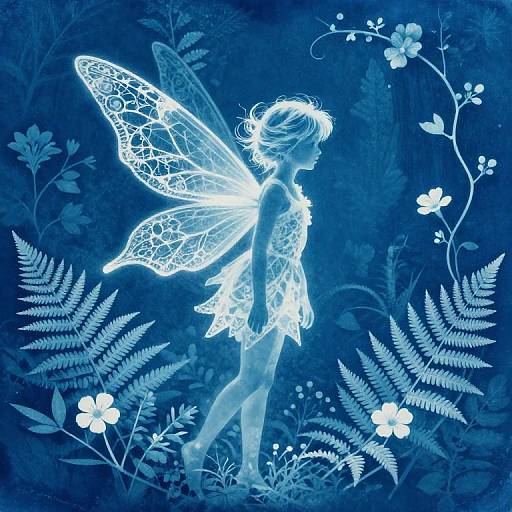 Digital art of a glowing blue fairy with intricate wings, standing amidst ferns and flowers, in a luminous, ethereal forest.