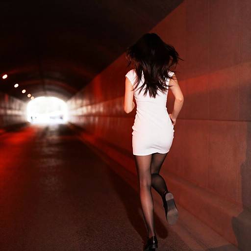 Woman Running Through a Red-Lit Tunnel