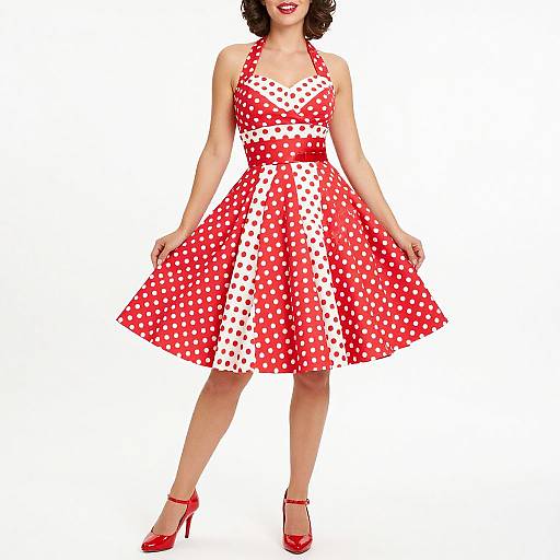 Photograph of a fair-skinned woman with short black hair, wearing a red and white polka dot halter dress, red high heels, and