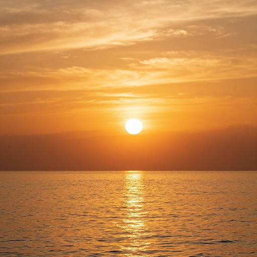 Photograph of a stunning sunset over a calm ocean, with the sun glowing bright orange, reflecting on the golden-hued water.