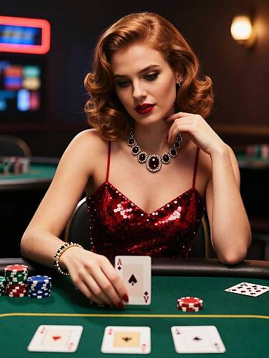 Photorealistic digital image of a red-haired woman in a sequined red dress, playing poker, wearing a black necklace, in a dimly lit