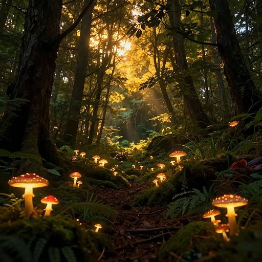 Photograph of a magical forest at sunset, sunlight filtering through trees, illuminating glowing orange and red mushrooms on a mossy forest floor.