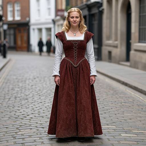 Photograph of a blonde woman in a medieval-style maroon dress with white long sleeves, standing on a cobblestone street in a historic European town