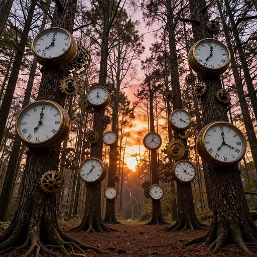 Surreal Forest of Clocks at Sunset