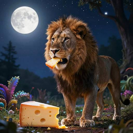 Surreal Lion Eating Glowing Cheese