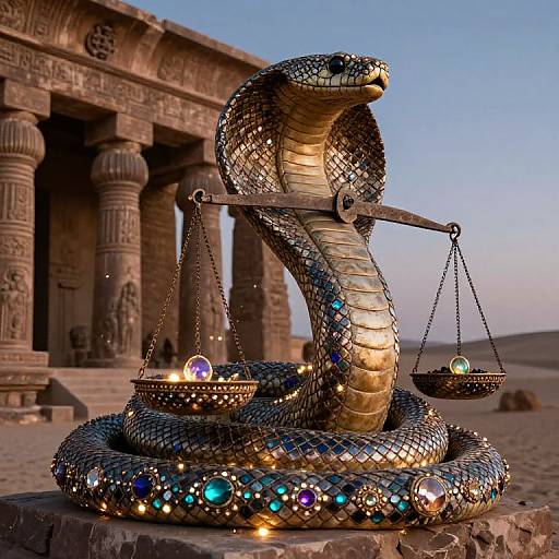 Photograph of a shimmering, jewel-encrusted serpent statue holding balanced scales with colorful gems, set against ancient Egyptian columns at sunset.