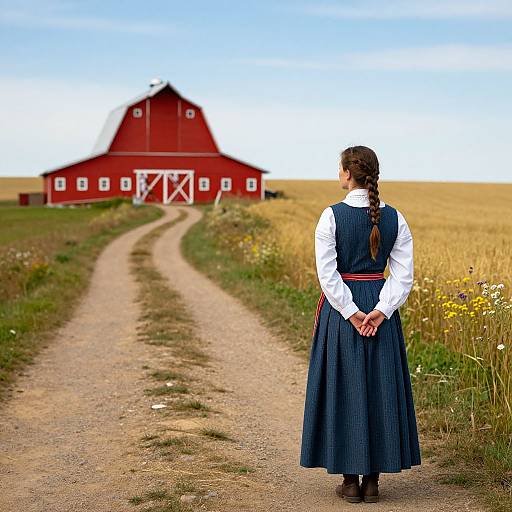 Photograph of a woman with braided hair in a blue dress and white blouse, standing on a dirt path, facing a red barn in a golden