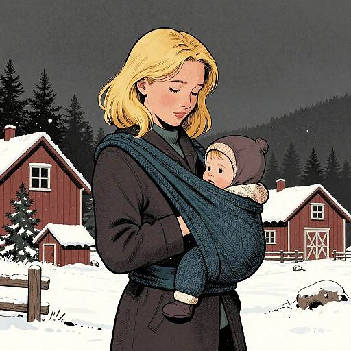 Mother with Toddler in Knitted Sling on Snowy Christmas Farm
