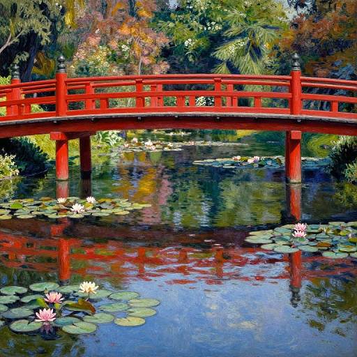 Serene Lily Pond with Japanese Bridge