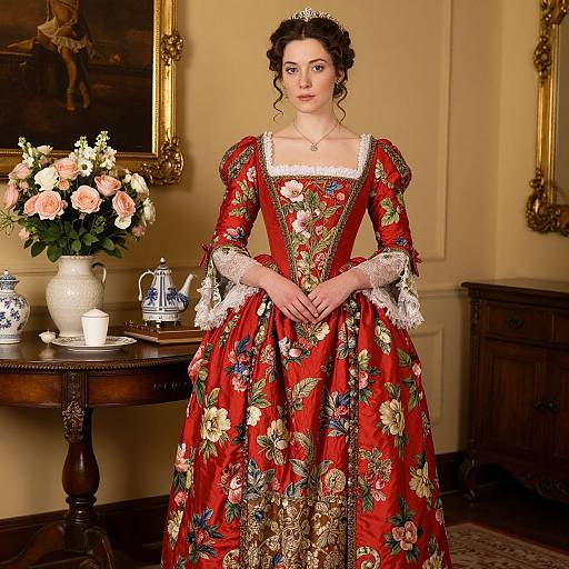 Photograph of a young woman in a Victorian-style, red floral gown with lace sleeves, standing in an ornate room with floral vase and teapot