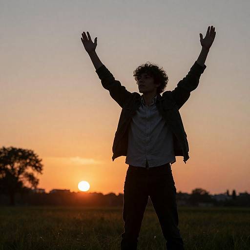 Silhouetted Man Celebrating at Sunset