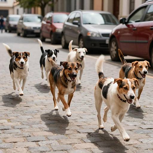 Group of Mixed-Breed Dogs Running on Cobblestone Street