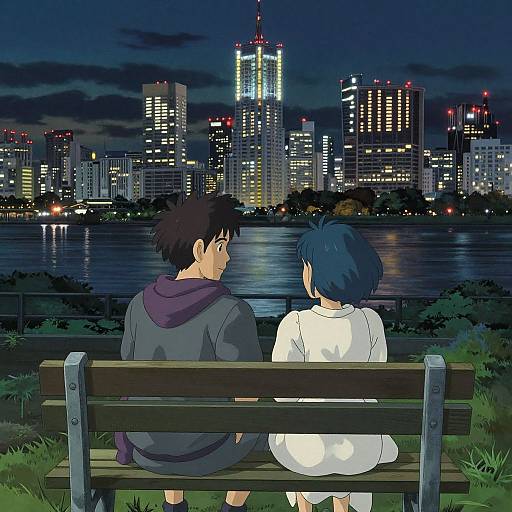 Anime-style digital drawing of a couple sitting on a park bench at night, facing a city skyline with illuminated skyscrapers.