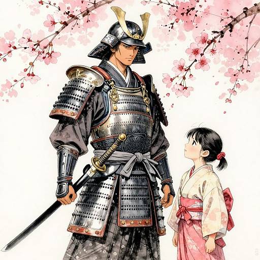Digital illustration of a samurai in full armor standing beside a young Japanese girl in a kimono, with cherry blossoms in the background.