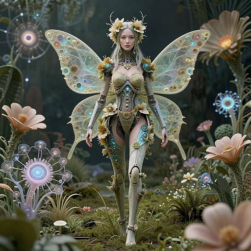 Digital fantasy artwork of a fairy-like woman with translucent, iridescent wings, flower crown, and intricate, floral-themed armor in a glowing, enchanted