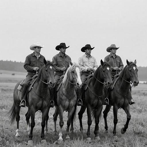 Diagonal Cowboys Riding in Black-and-White