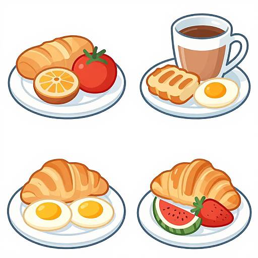 Digital illustration of four breakfast plates: croissants, tomatoes, coffee, eggs, toast, sliced watermelon, and strawberries, on white plates.
