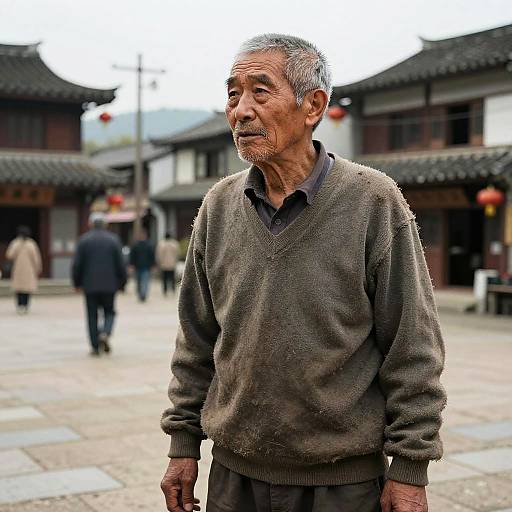 Photograph of an elderly Asian man with gray hair and beard, wearing a brown sweater and dark pants, standing in a traditional Chinese courtyard with blurred pedestrians