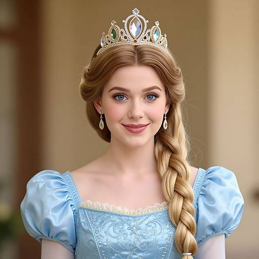 Photograph of a young woman with fair skin, blue eyes, and long blonde hair in a braid, wearing a blue princess dress and a jew