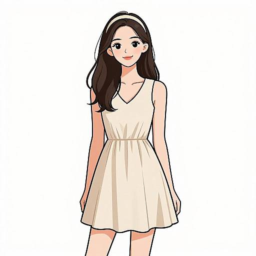 Digital anime-style illustration of a young Asian woman with long black hair, wearing a white sleeveless dress and headband, smiling against a white background.