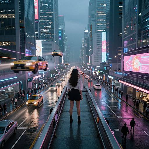 Digital art: Anime-style girl in white shirt and black skirt stands on elevated walkway, cityscape of bright, neon-lit skyscrapers and