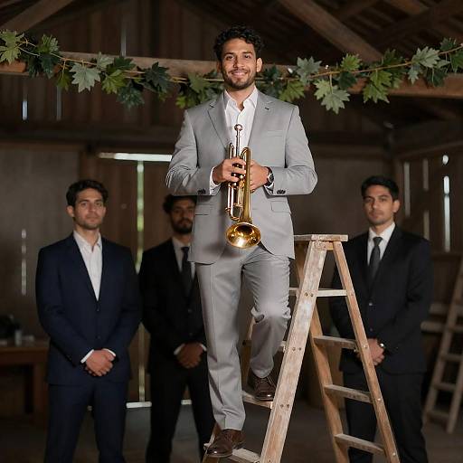 Smiling Trumpeter on Rustic Barn Ladder