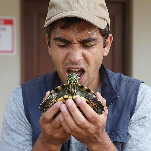 Man Holding Turtle with Intense Expression