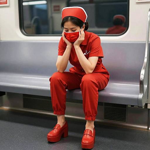 Photograph of an Asian woman in red nurse uniform and hat, red shoes, and mask, sitting on a silver subway bench, hands covering her face