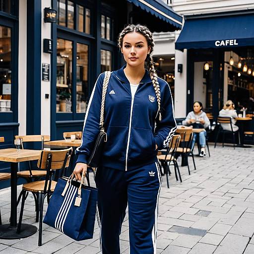 Woman in Navy Blue Tracksuit with Tote Bag Outside Cafe