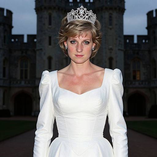 Photograph of a fair-skinned woman with short blonde hair, wearing a white satin wedding dress and sparkling tiara, standing in front of a dark