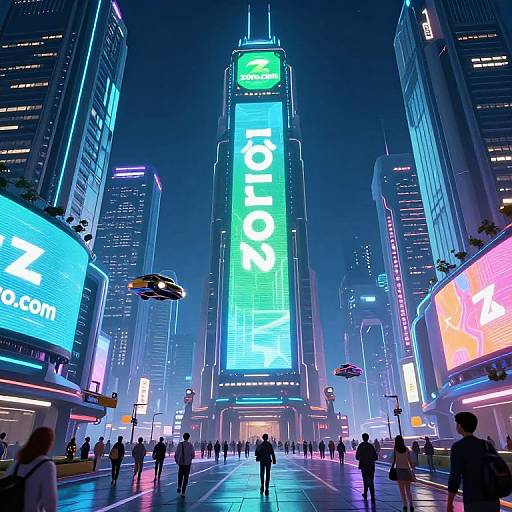 CGI image of a neon-lit futuristic city street at night, with towering skyscrapers, flying cars, and bright, colorful billboards.