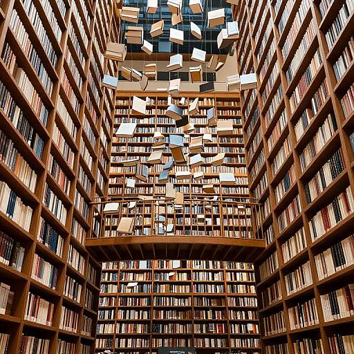 Photograph of a towering library with wooden bookshelves filled with books, converging at the ceiling, where floating white and beige book covers create a