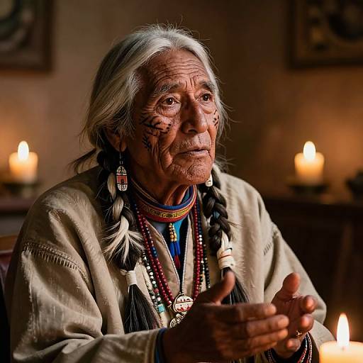 Photograph of an elderly Native American woman with white hair in braids, wearing traditional beads and a beige jacket, illuminated by warm candlelight.