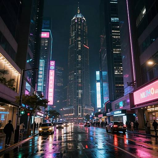 Neon-lit, rainy night cityscape photograph of a busy urban street with illuminated skyscrapers, colorful neon signs, and wet, reflective pavement