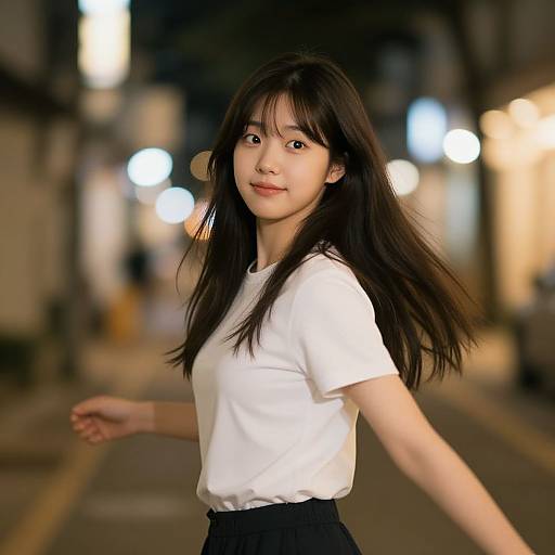Photograph of an Asian woman with long black hair, wearing a white t-shirt and black skirt, smiling on a nighttime street with blurred, brightly lit