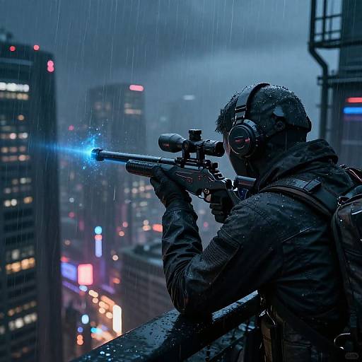 Cyberpunk sniper in rain-soaked city, aiming glowing blue laser rifle from rooftop, surrounded by neon-lit skyscrapers. Photo-realistic