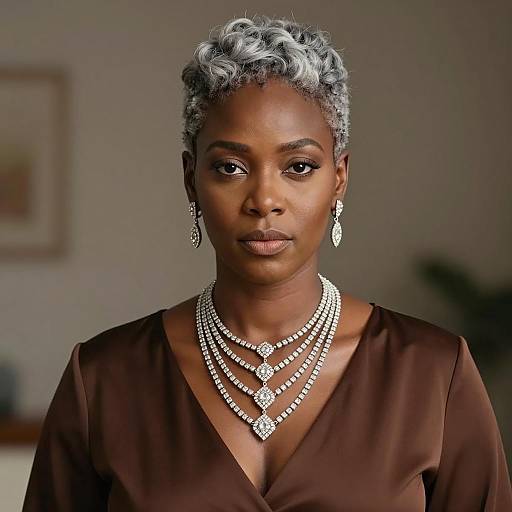 Elegant Black Woman with Silver Hair and Layered Necklace