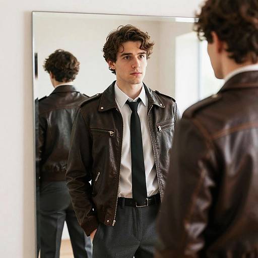 Young Man in Leather Jacket and Tie Standing by Mirror